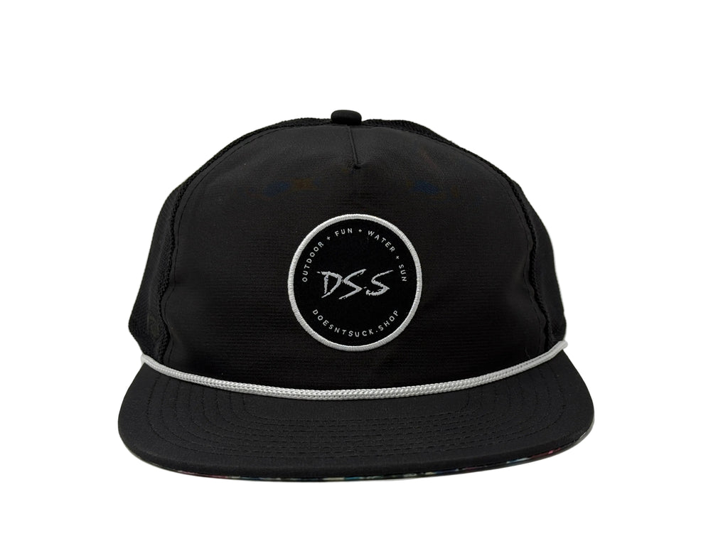 Black cap with a logo on a white background