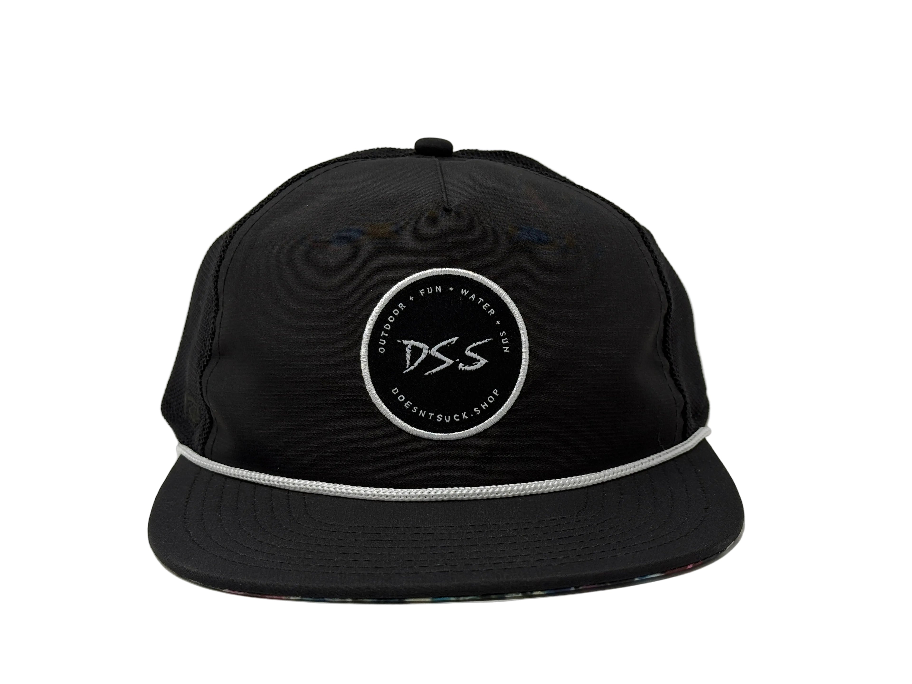 Black cap with a logo on a white background