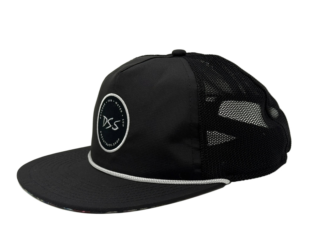 Black cap with mesh back and logo on a white background