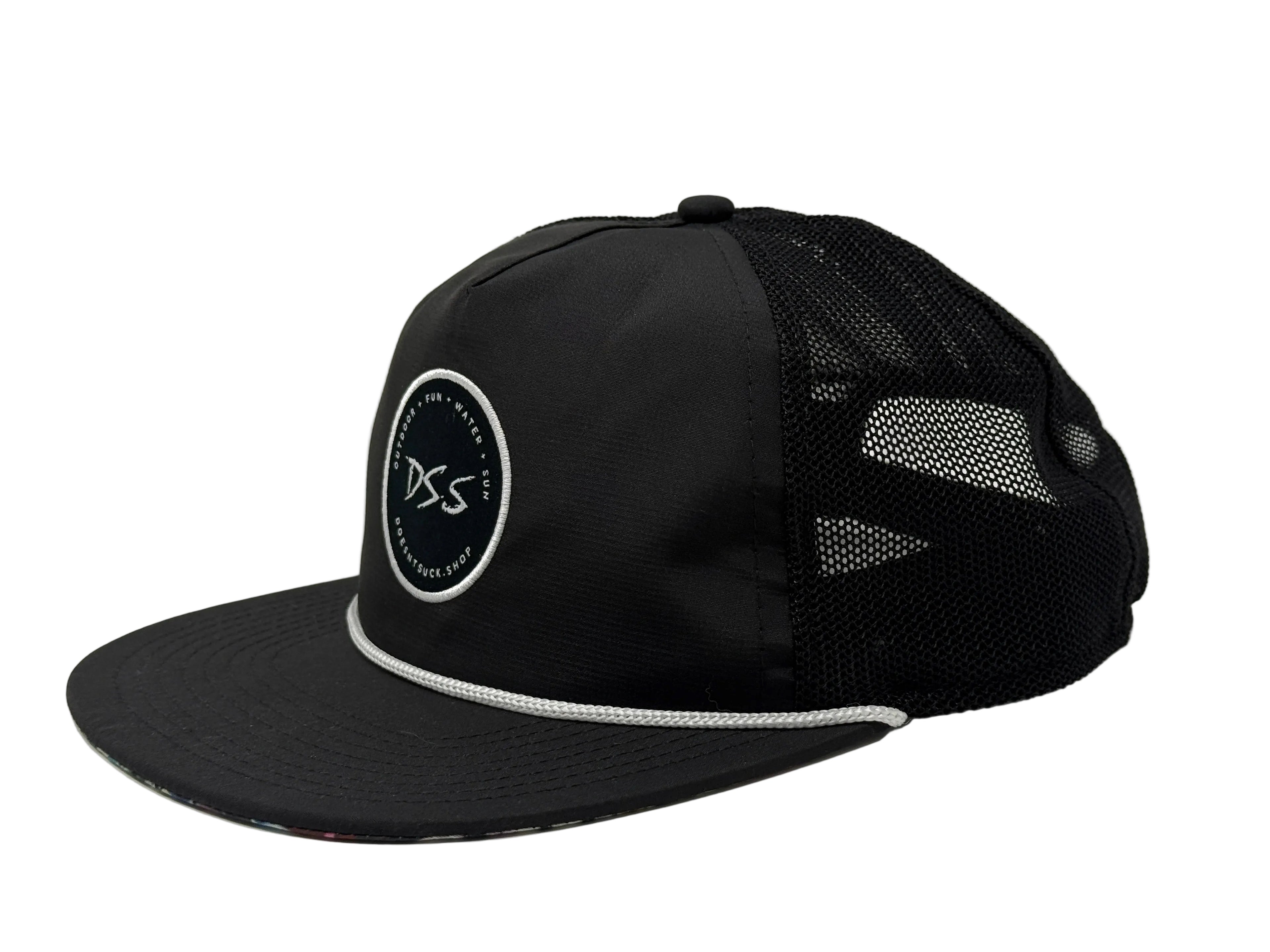 Black cap with mesh back and logo on a white background