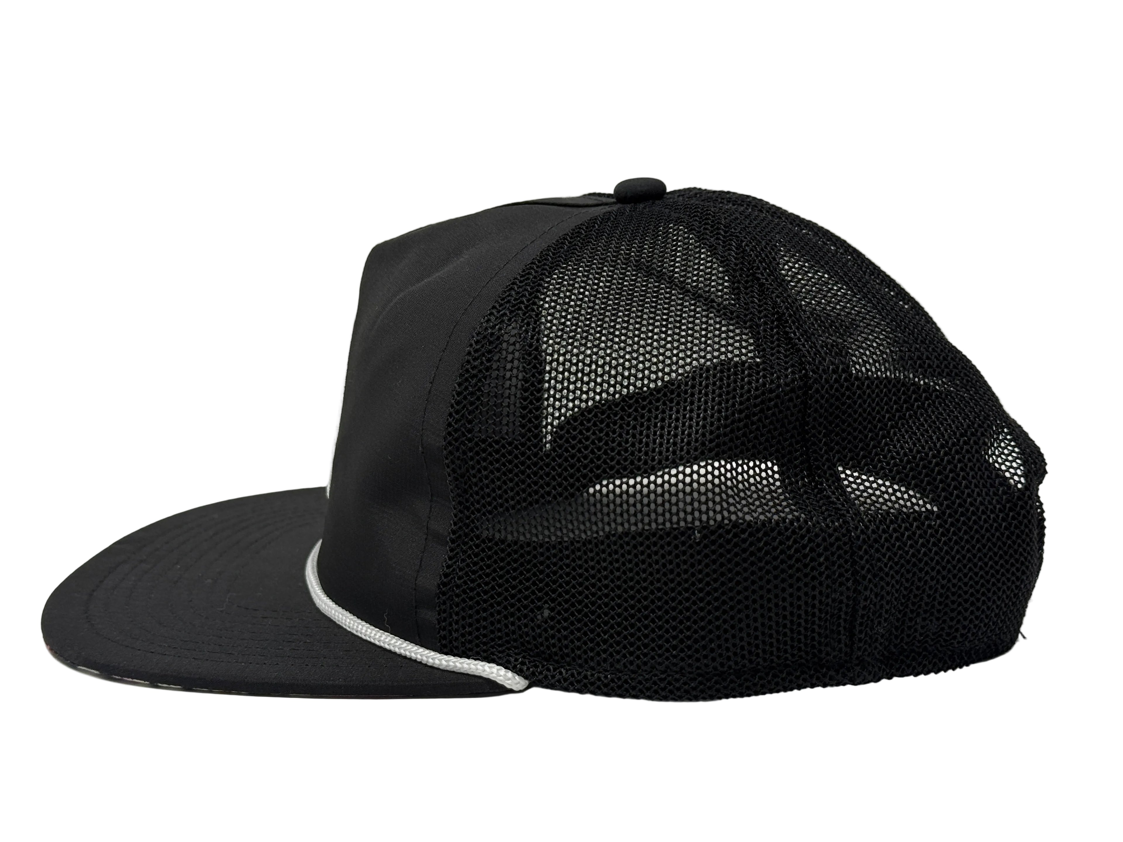 Black mesh cap with white rim on a light gray background