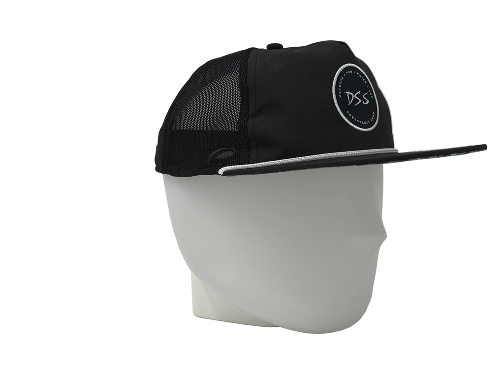Black cap with a logo on a white background