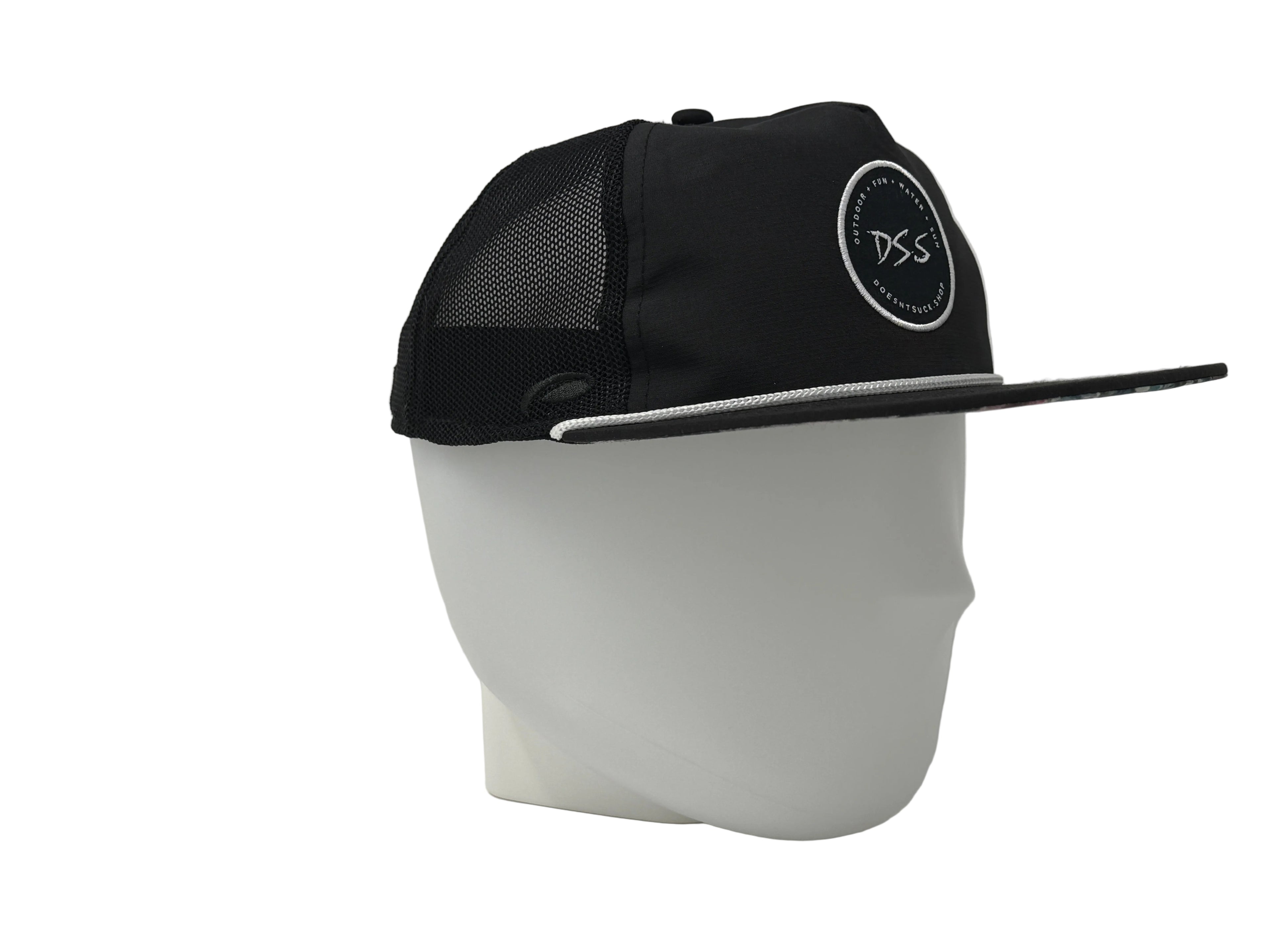 Black cap with a logo on a white background
