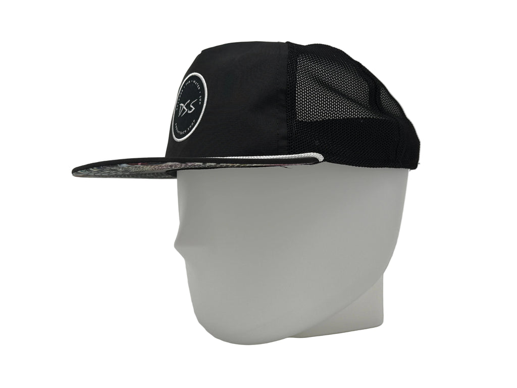 Black cap with a logo on a white mannequin head against a white background