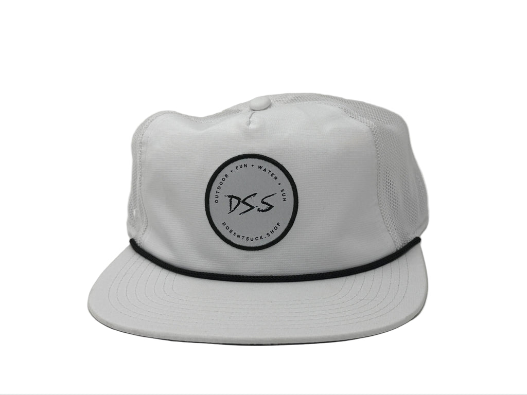 White cap with black logo on a white background