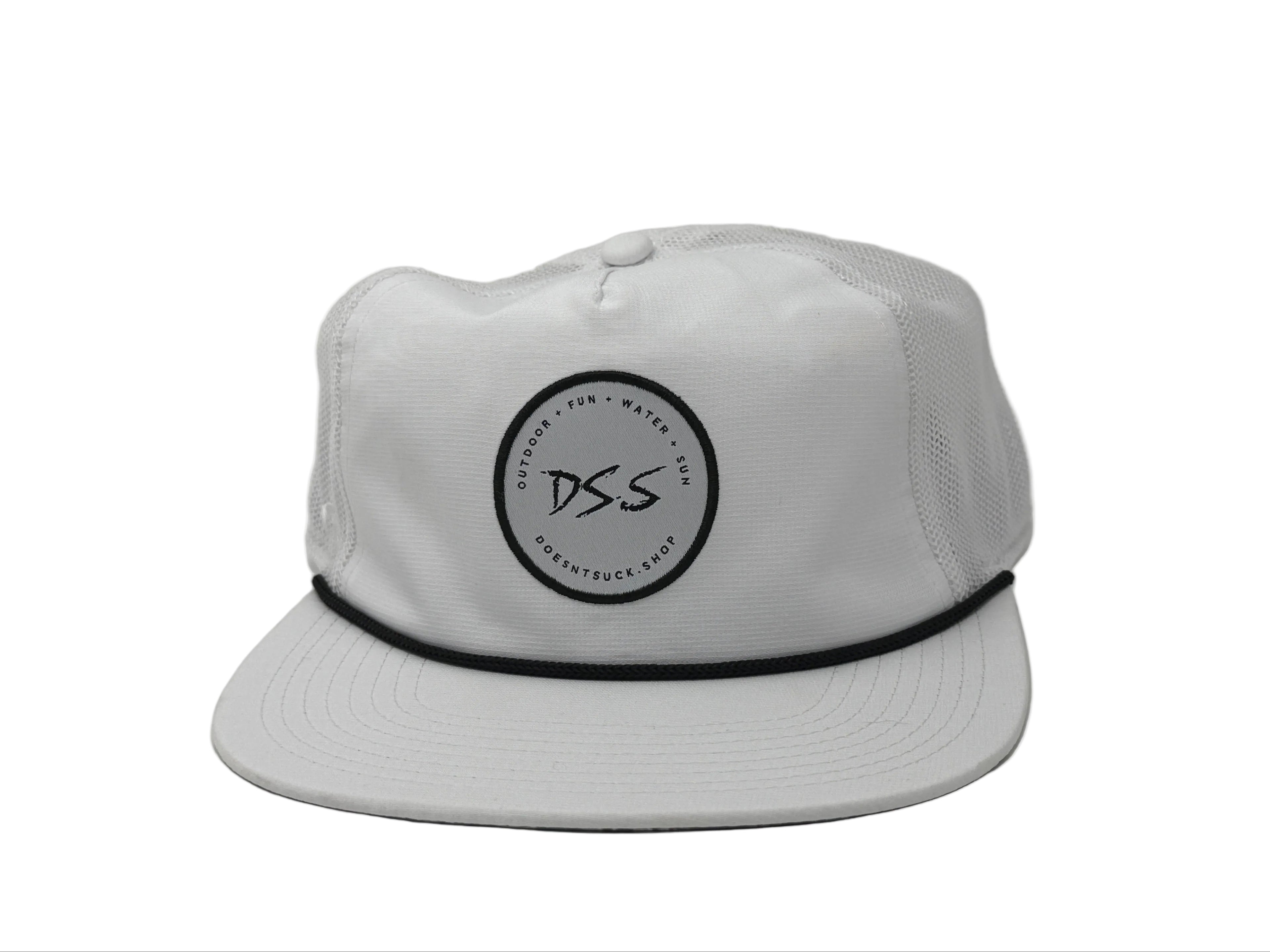 White cap with black logo on a white background