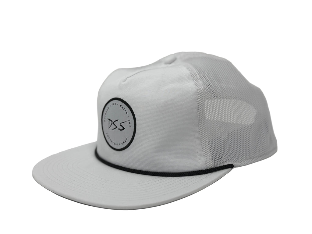 White cap with a black logo on a light gray background