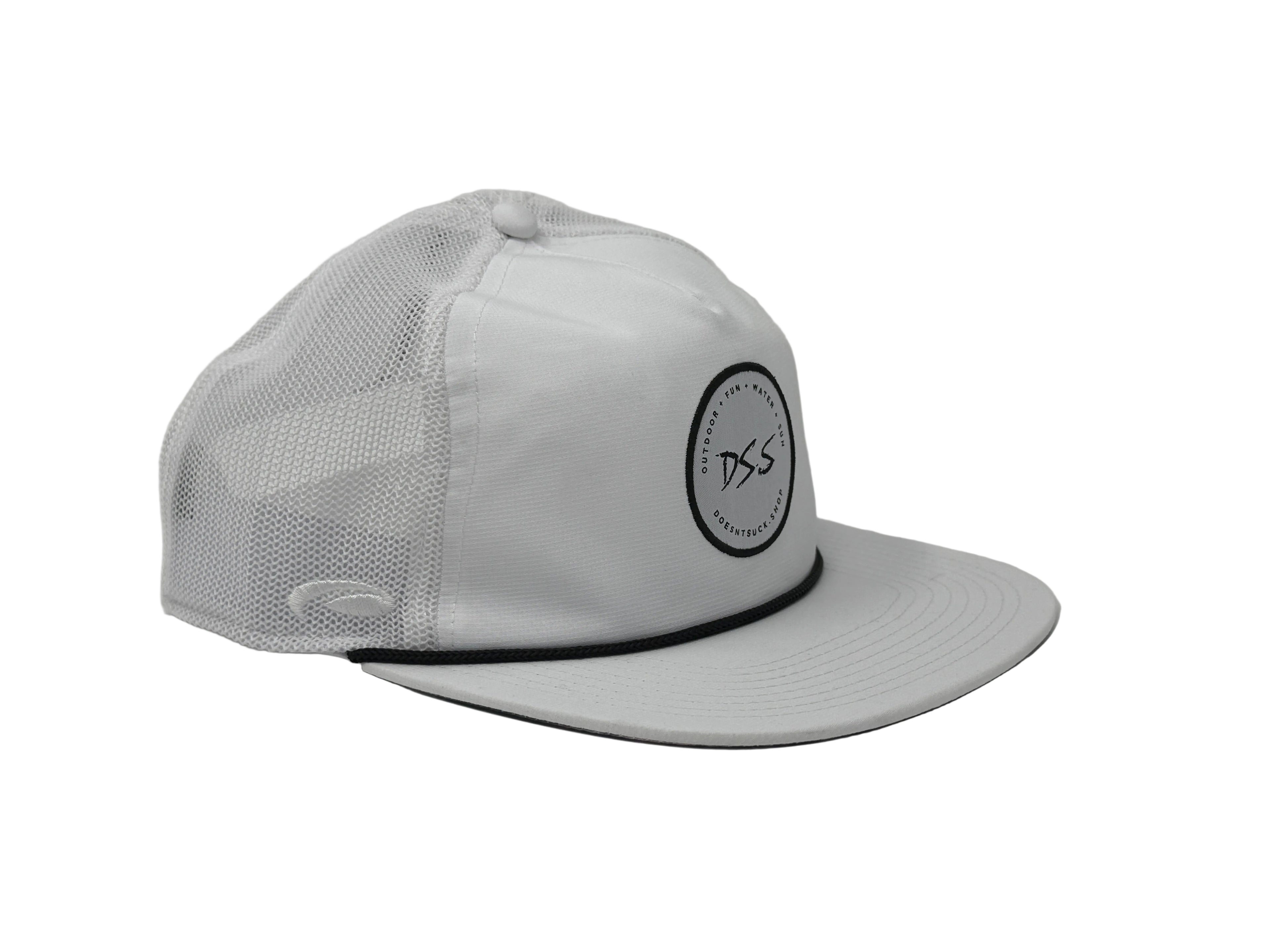 White cap with mesh back and black logo on a light gray background