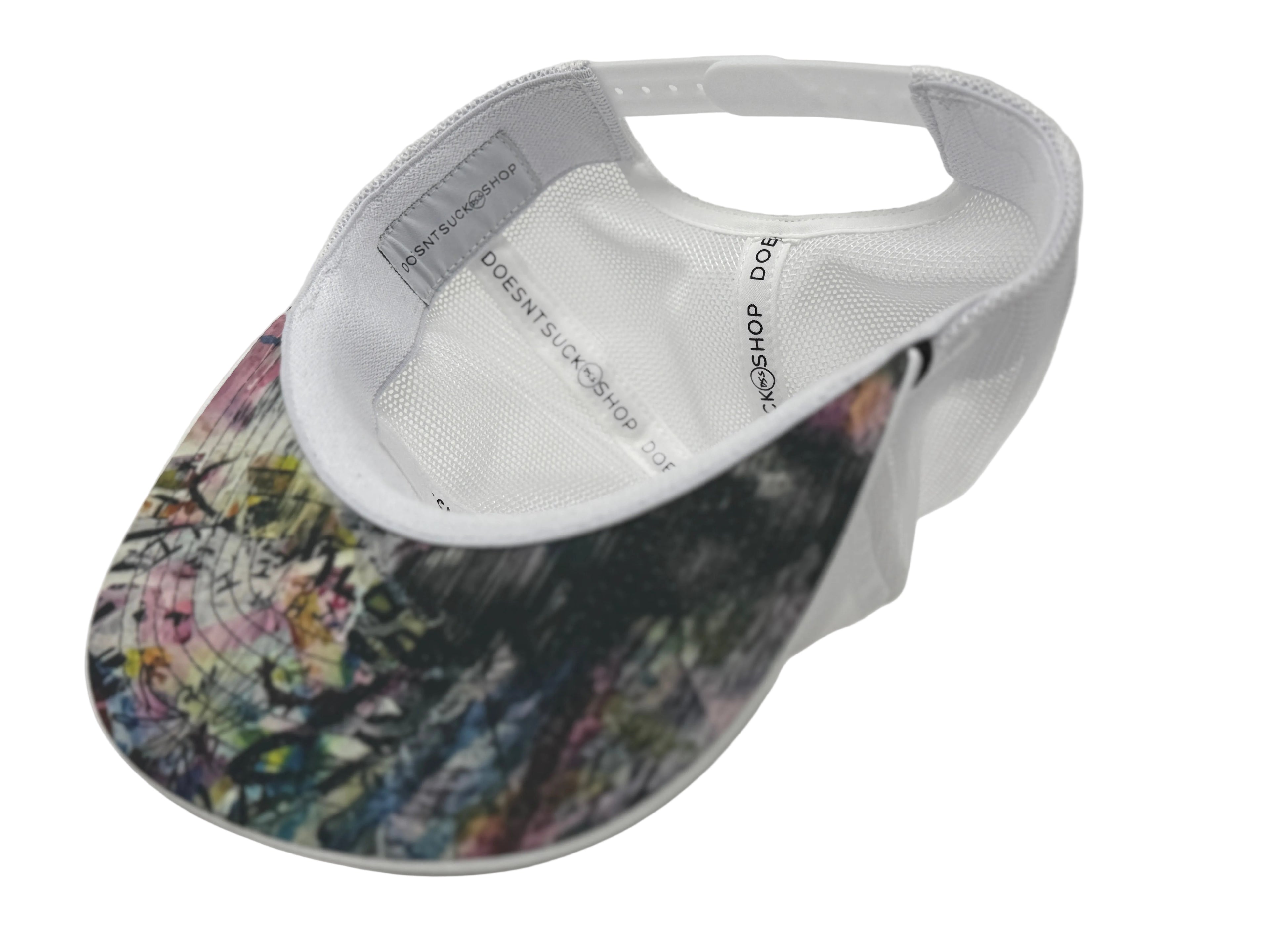 White visor with colorful brim and brand logo on a white background