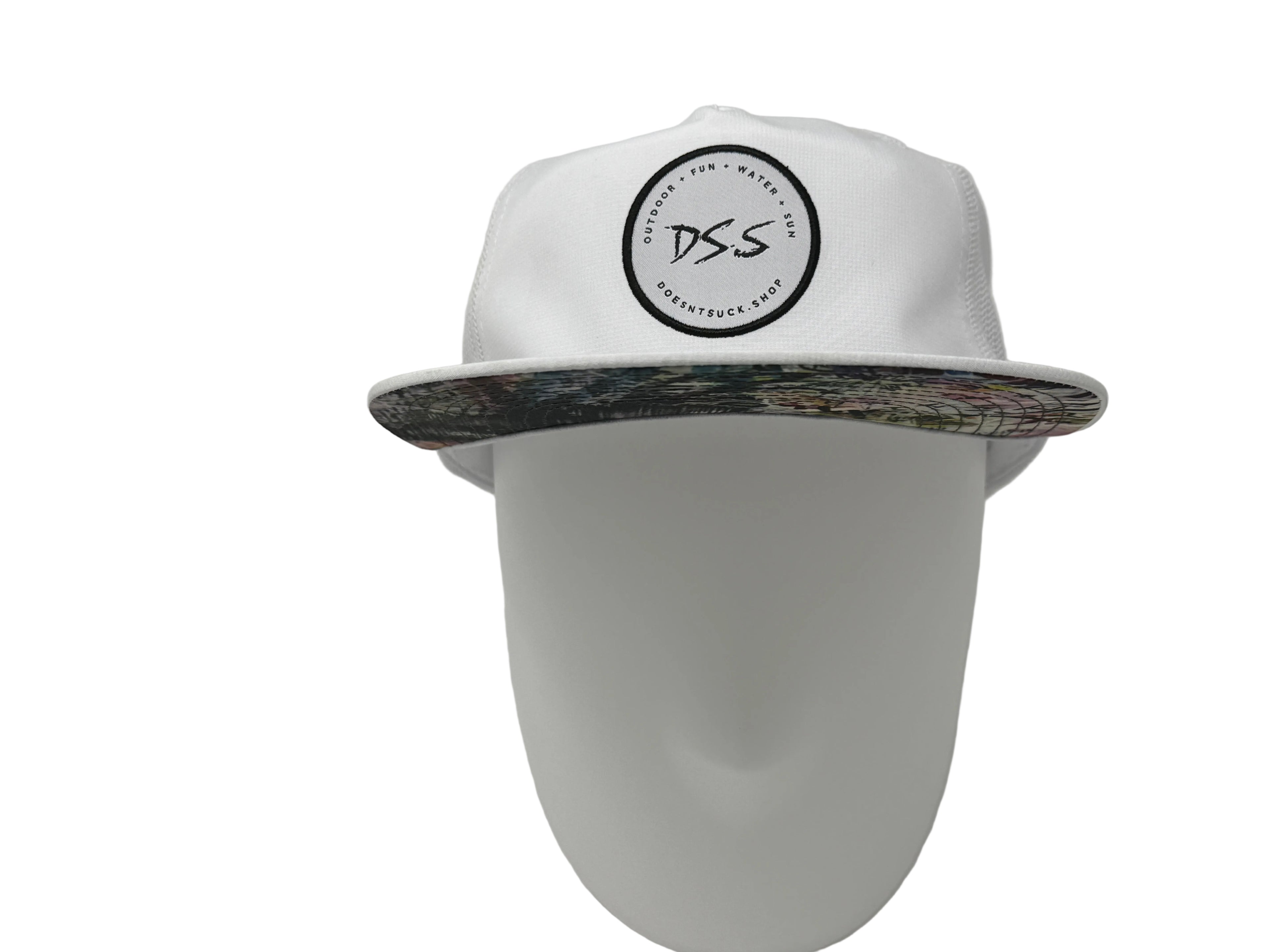 White cap with a black logo on a white background
