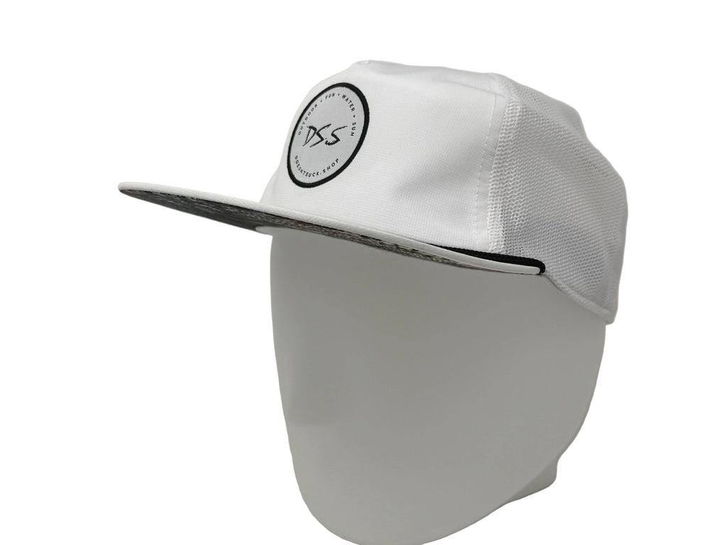 White cap with a black logo on a gray background