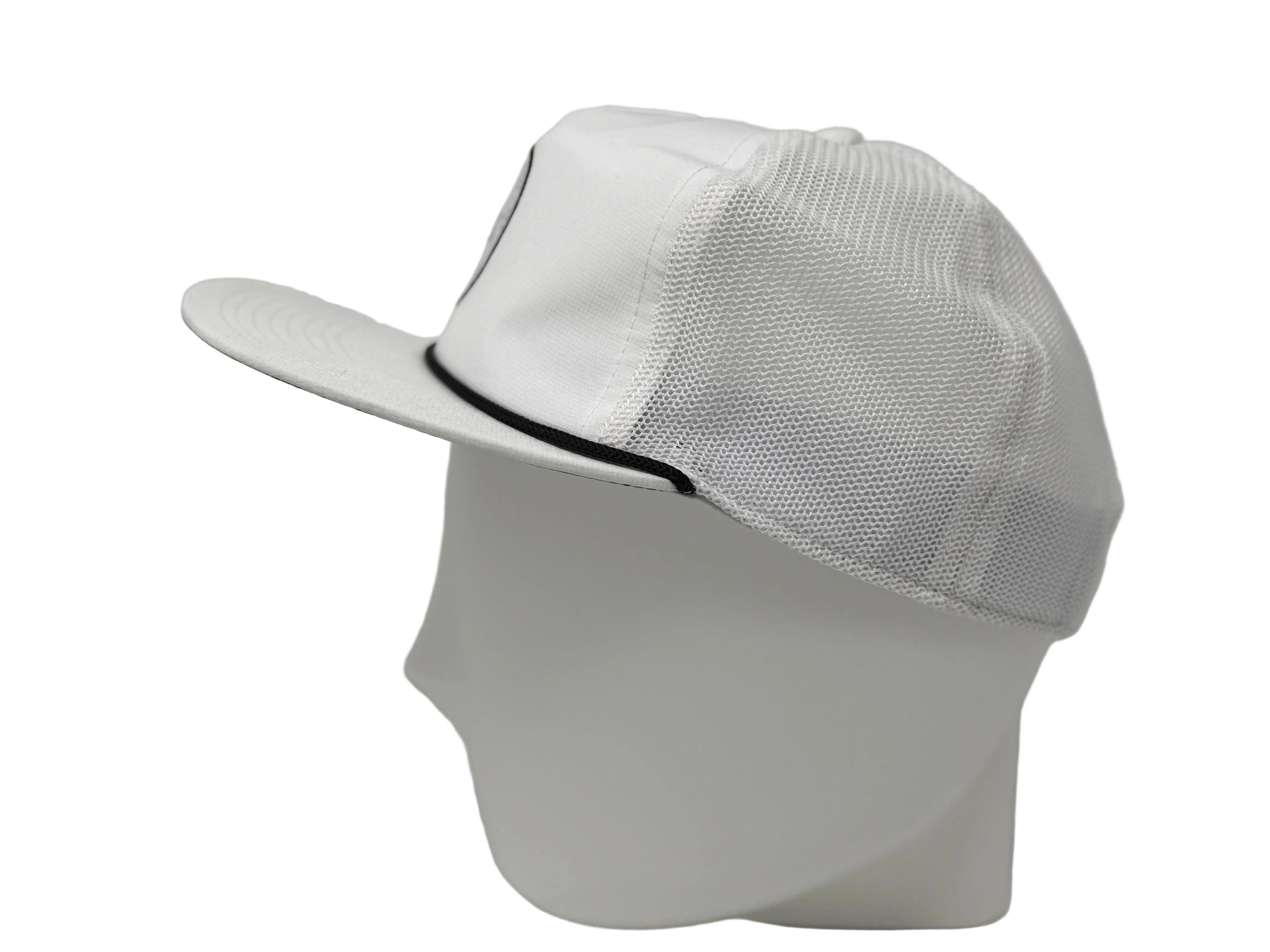 White mesh cap on a mannequin head against a gray background