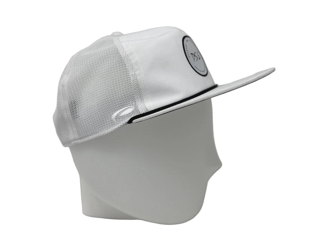 White mesh cap with a logo on a gray background