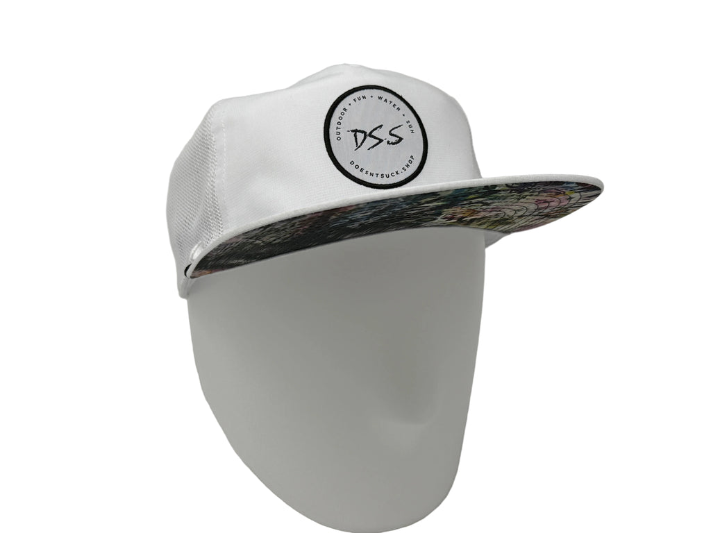 White cap with a logo on a white background