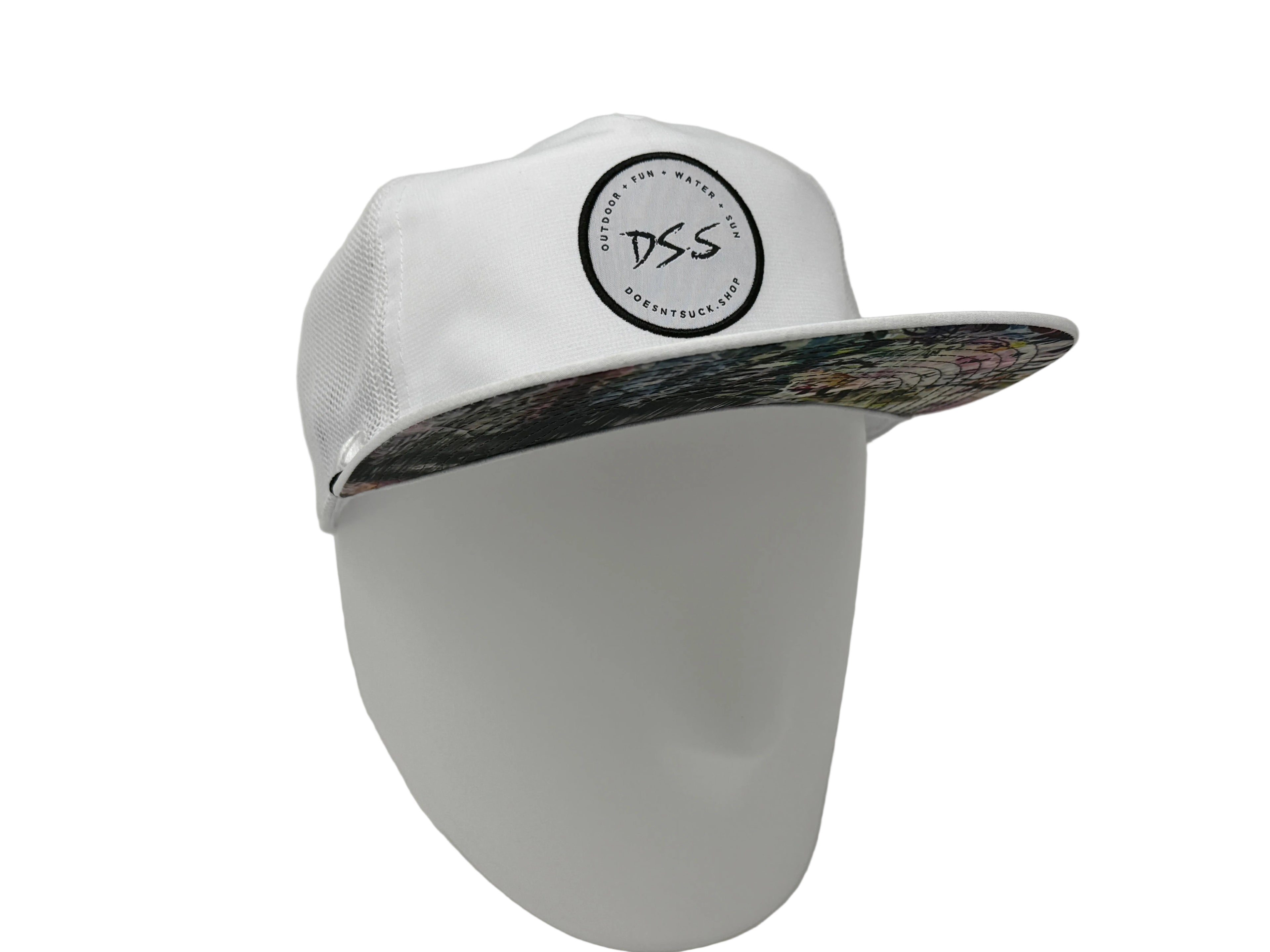 White cap with a logo on a white background