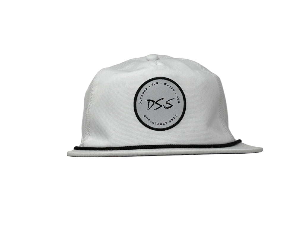 White cap with black logo on a gray background