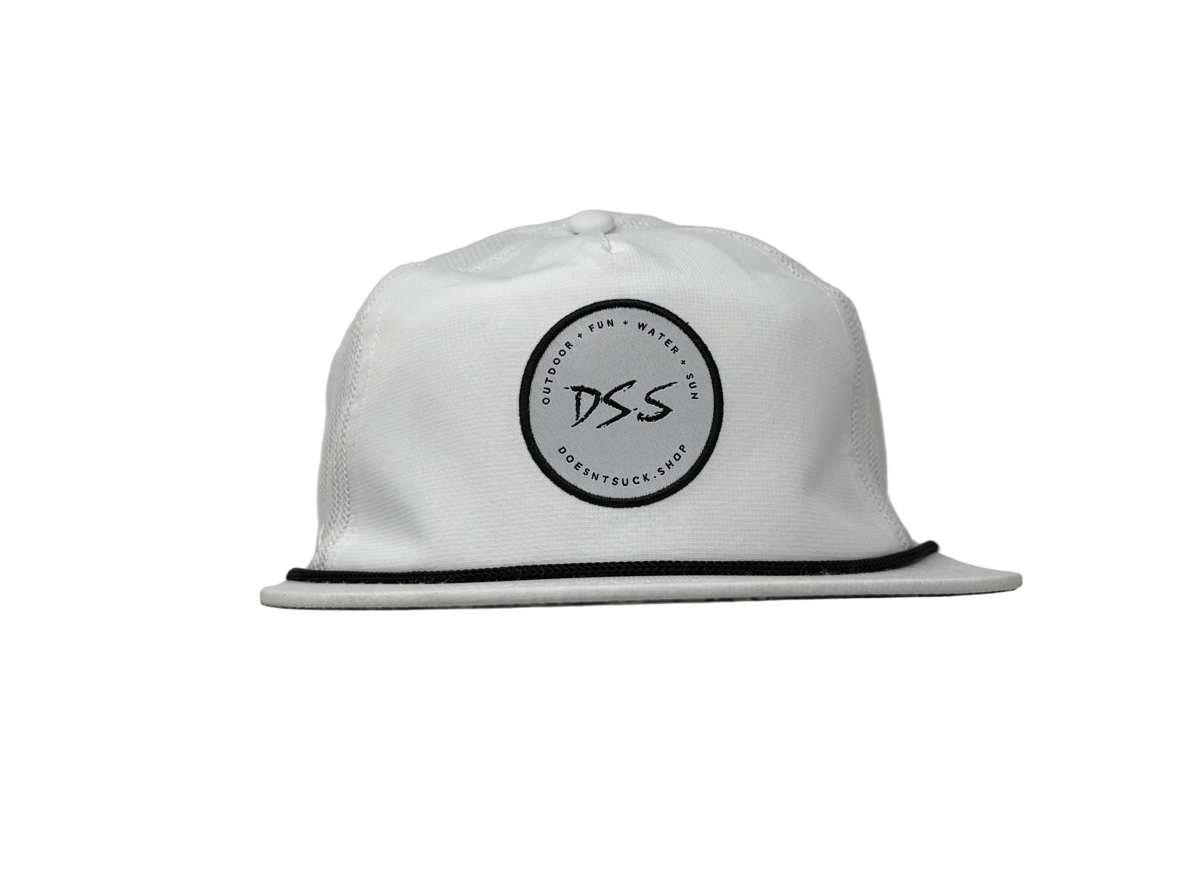 White cap with black logo on a gray background