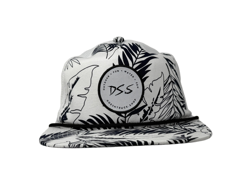 Black and white patterned cap with 'DS.S' logo on a white background