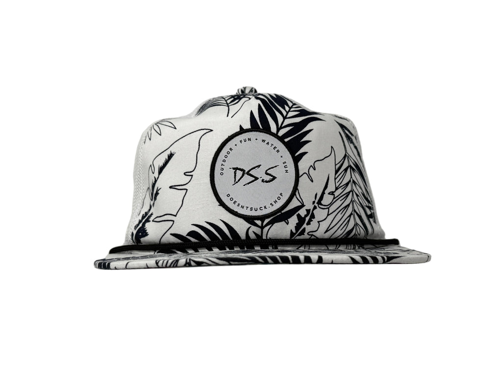Black and white patterned cap with 'DS.S' logo on a white background