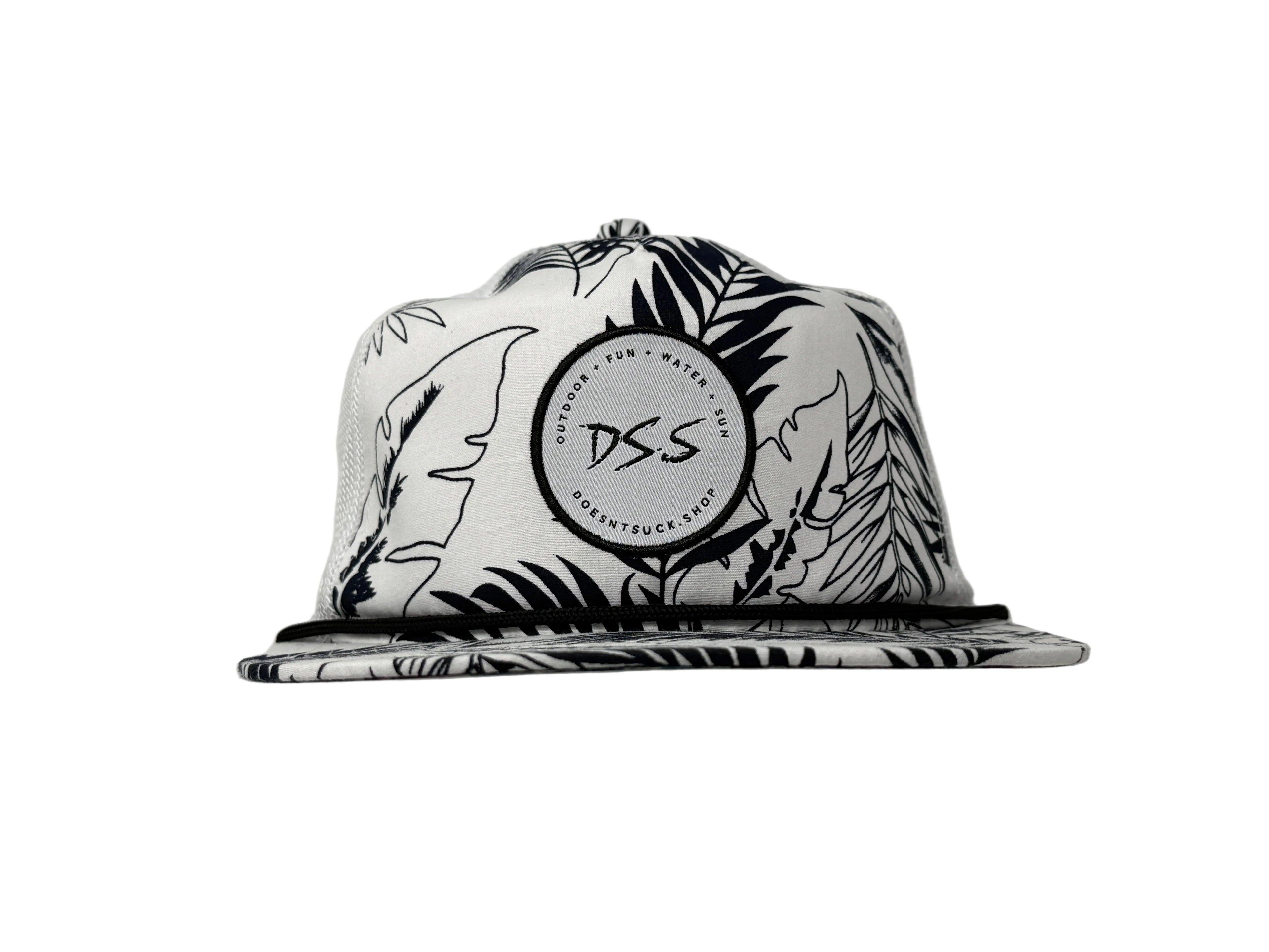 Black and white patterned cap with 'DS.S' logo on a white background