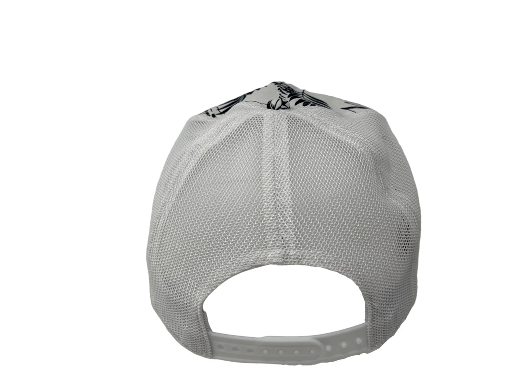 Back view of a white cap with black patterns on a gray background