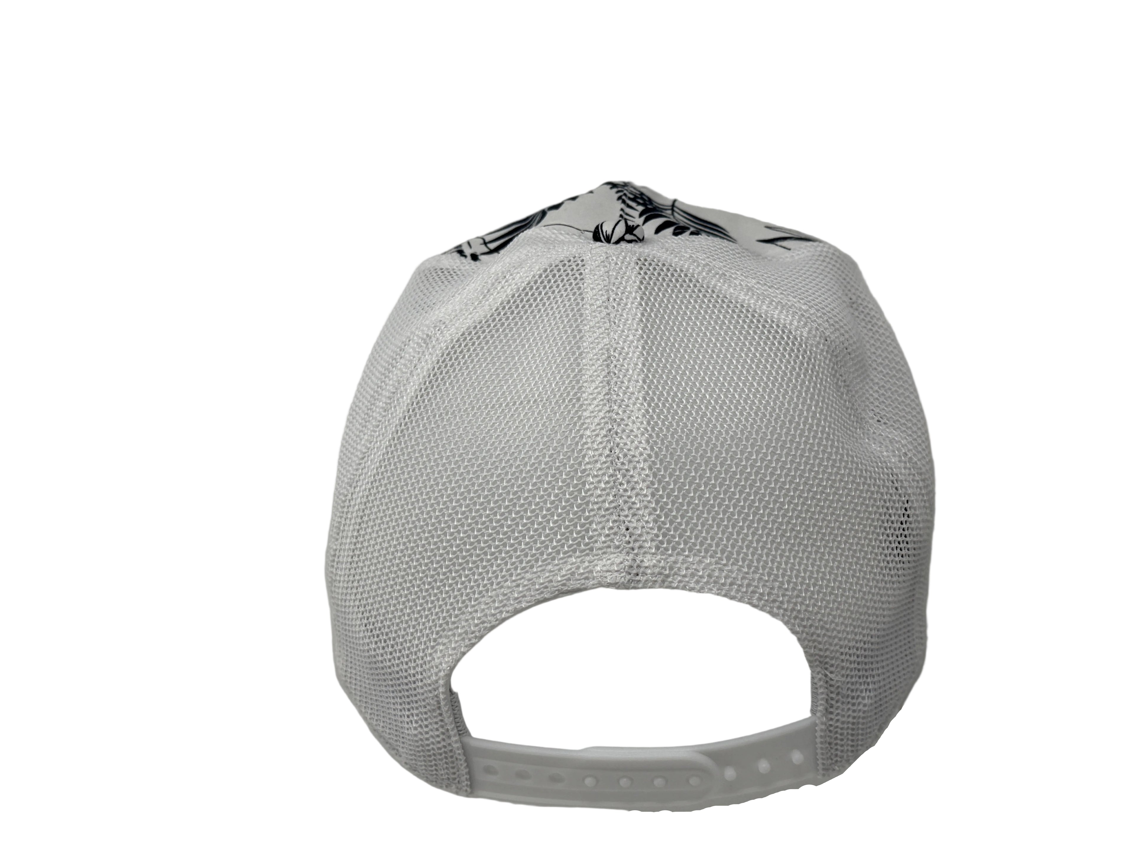 Back view of a white cap with black patterns on a gray background