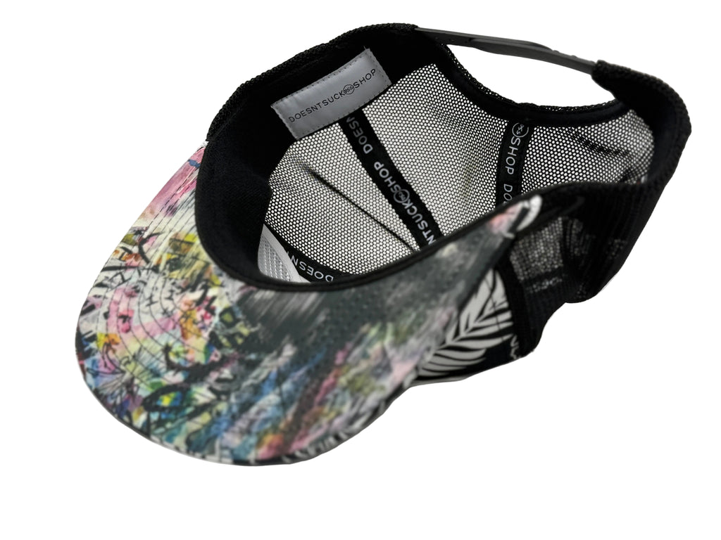 Colorful cap with black mesh back on a white background