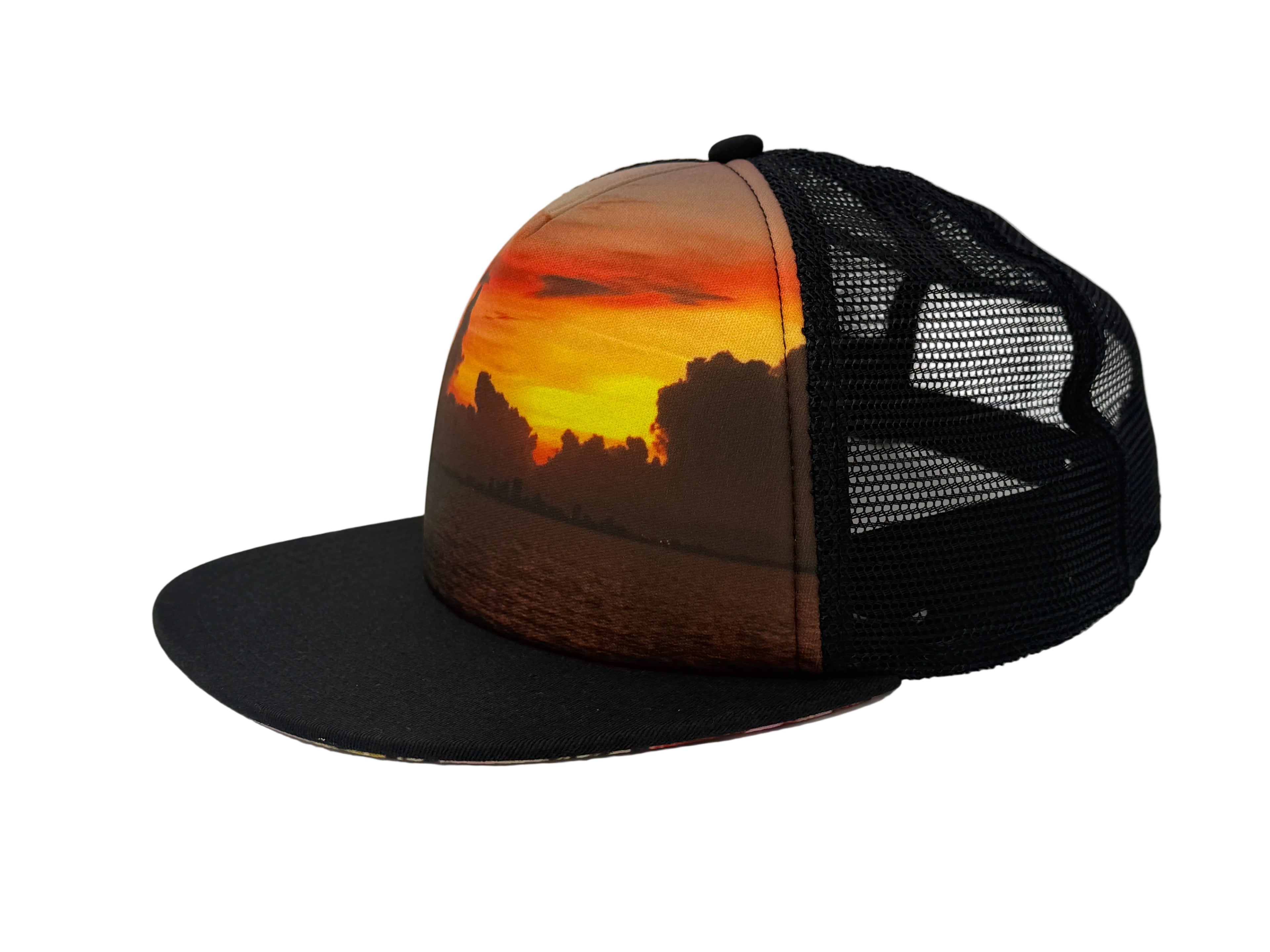Black mesh cap with a sunset design on a white background
