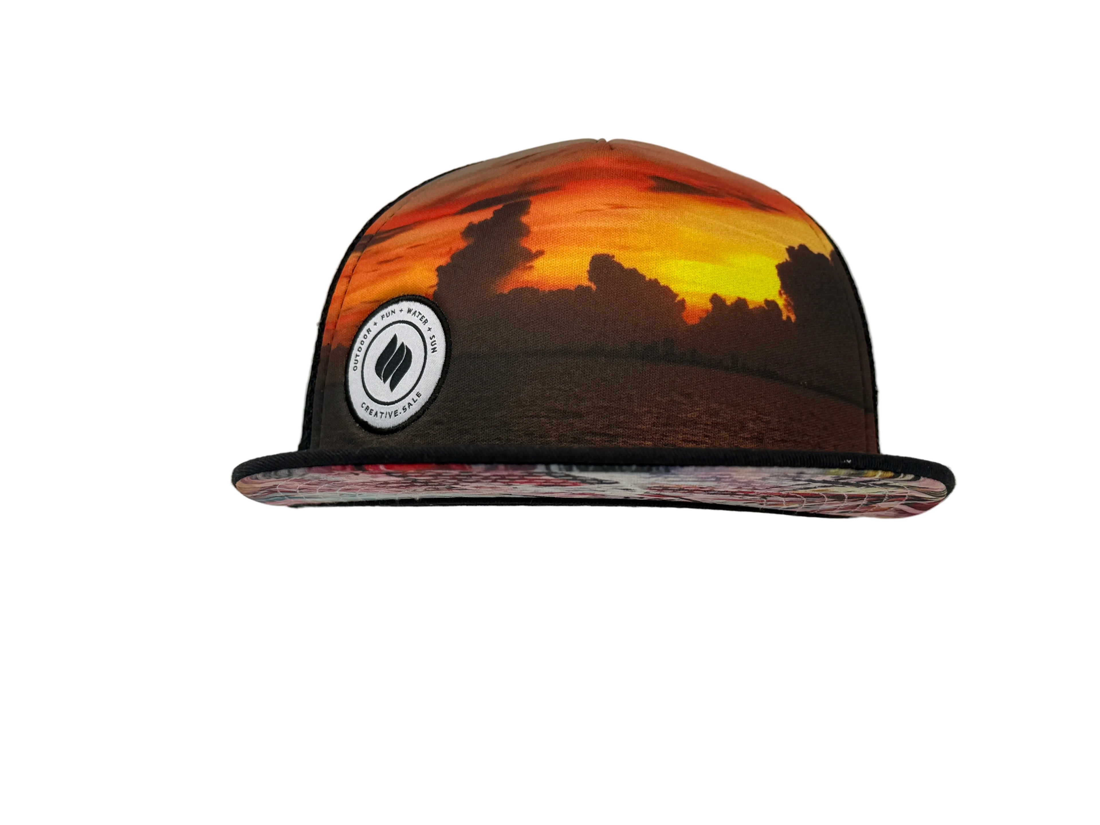 Cap with sunset design and logo on a white background