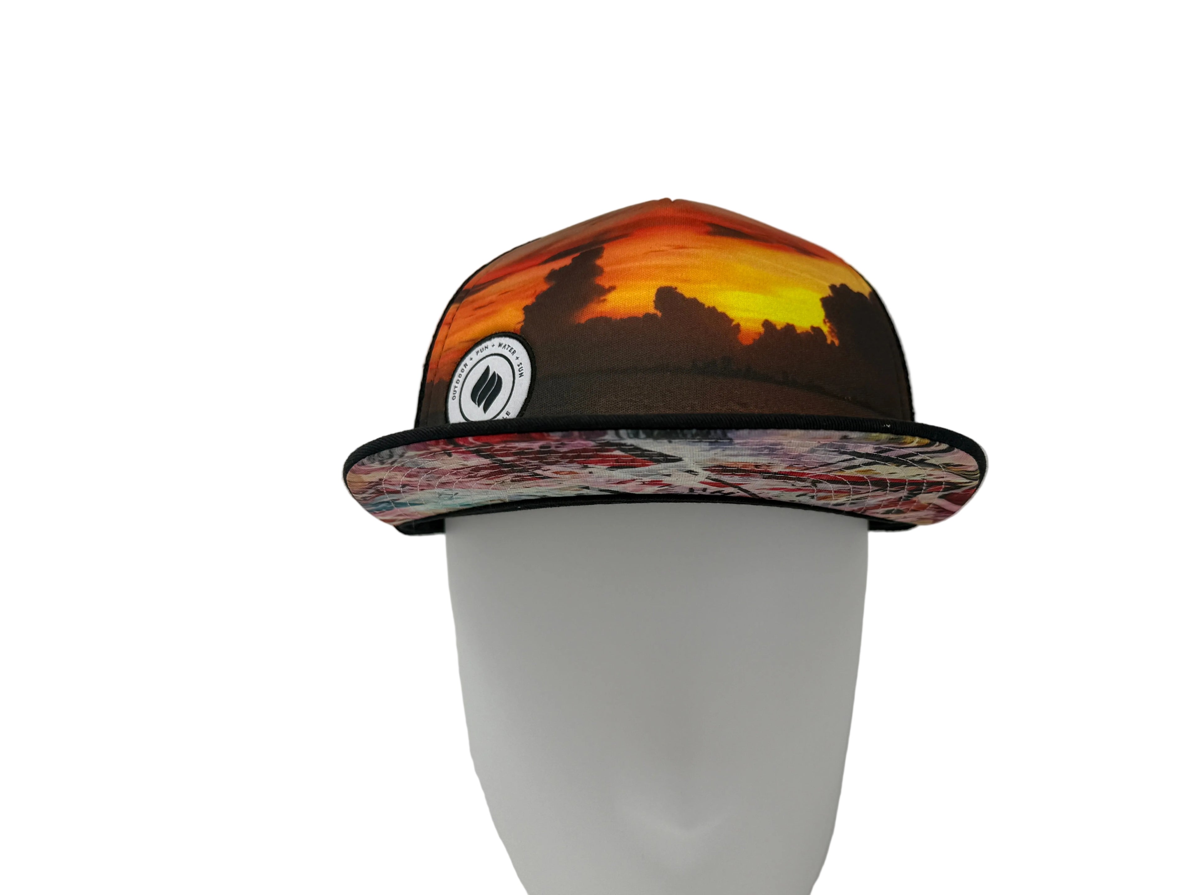 Trucker hat with sunset design on a mannequin head against a white background