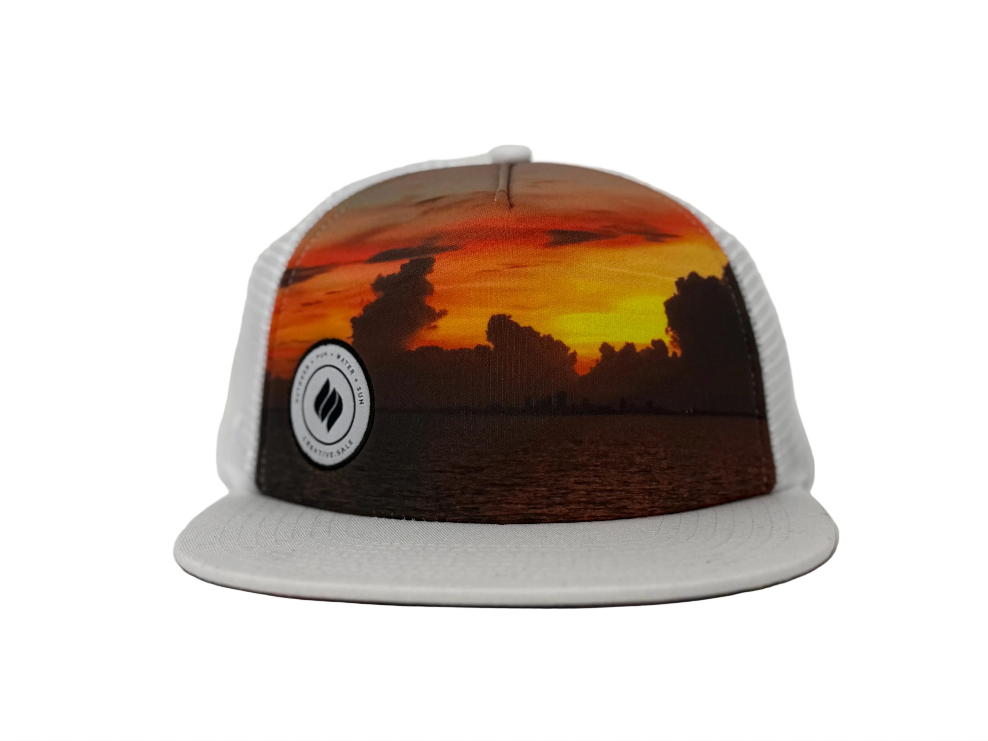 Trucker hat with sunset design and logo on a gray background
