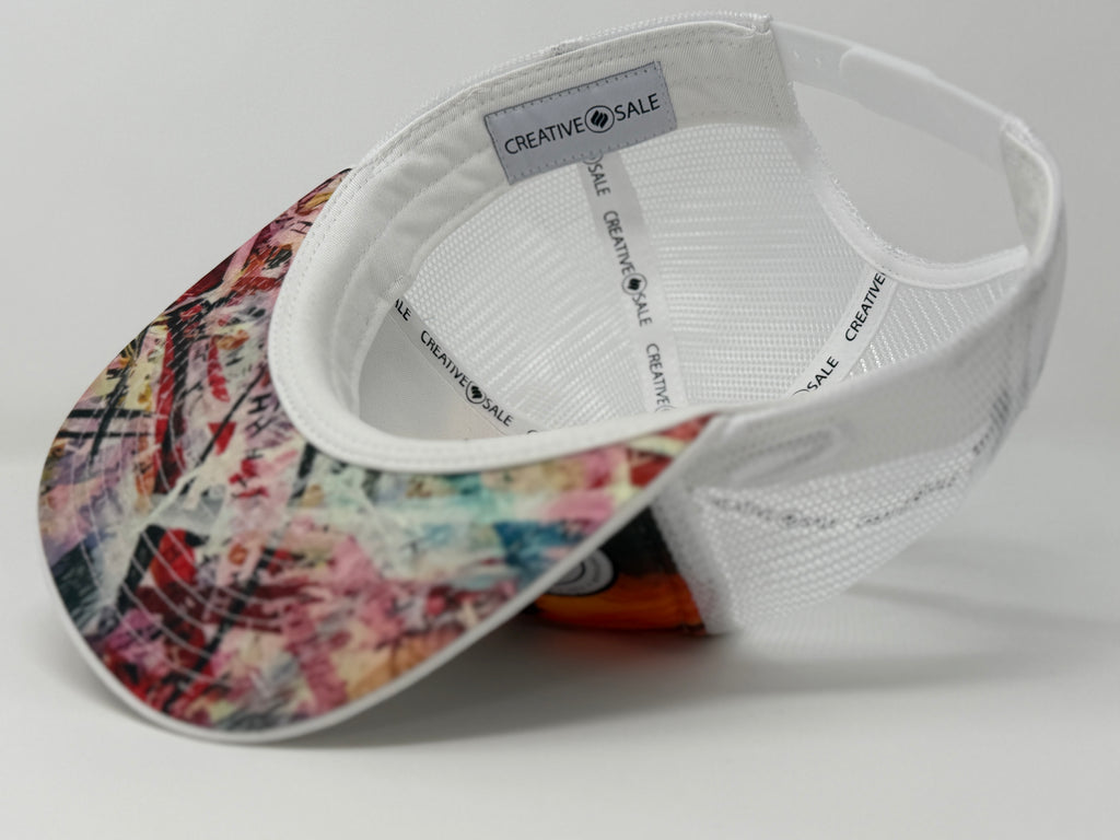 Colorful cap with a white brim on a gray background