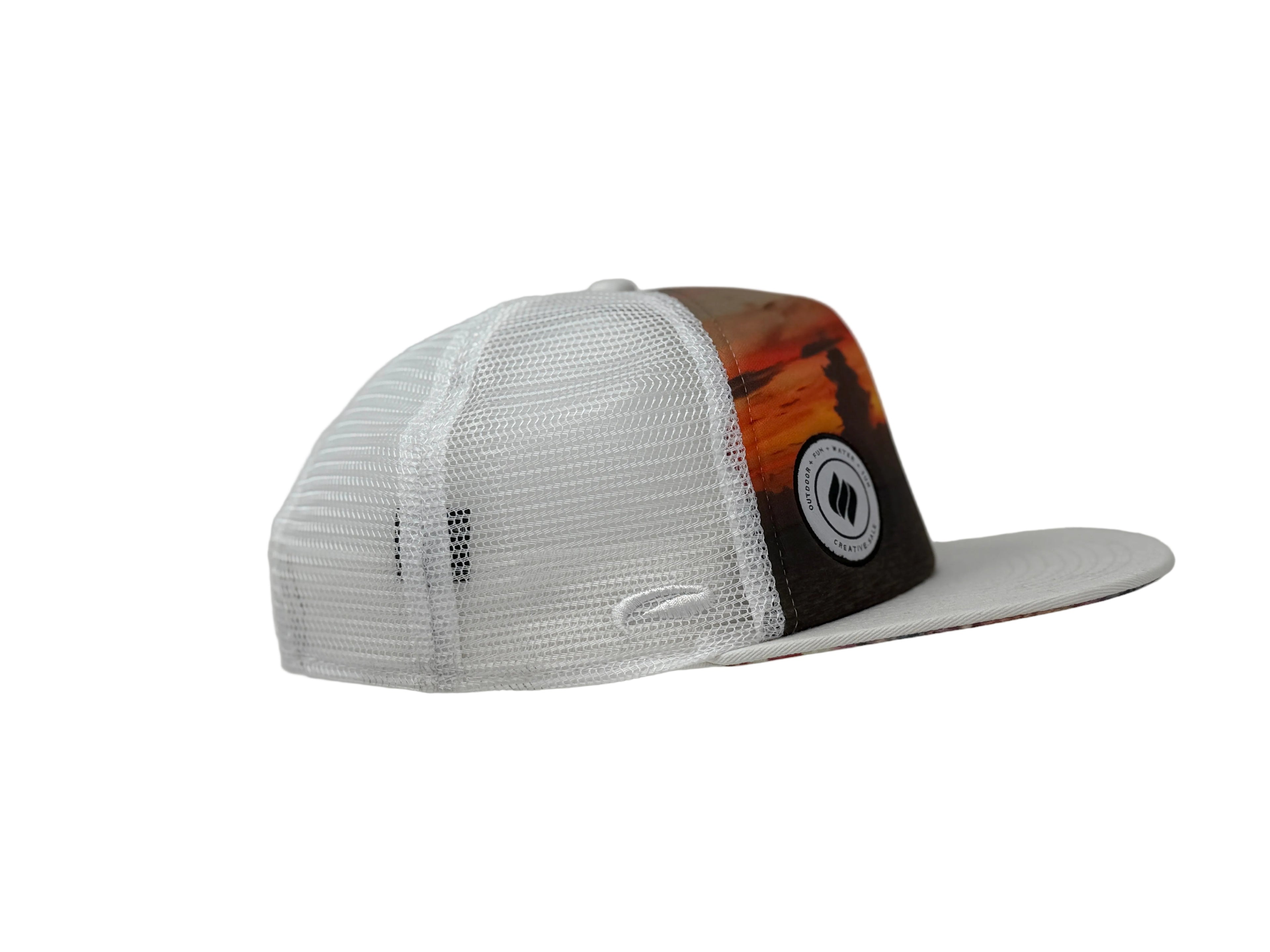 White trucker cap with a colorful bill on a mannequin head against a white background