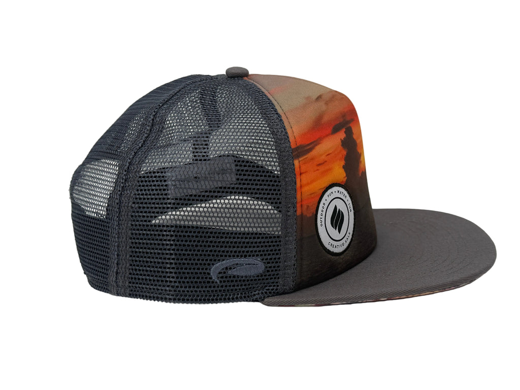 Charcoal Trucker cap with a black mesh back and colorful front panel on a white background