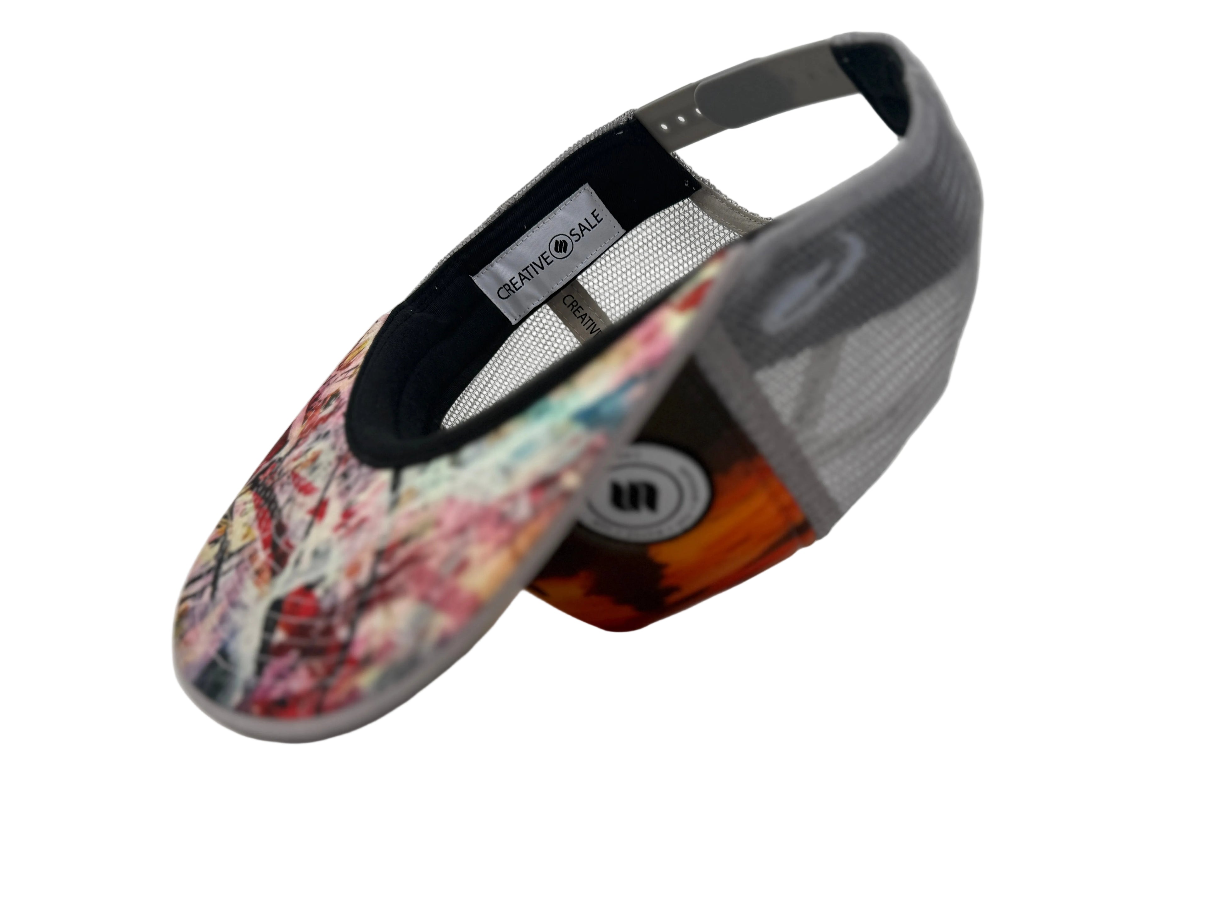 Colorful visor with a brand logo on a white background