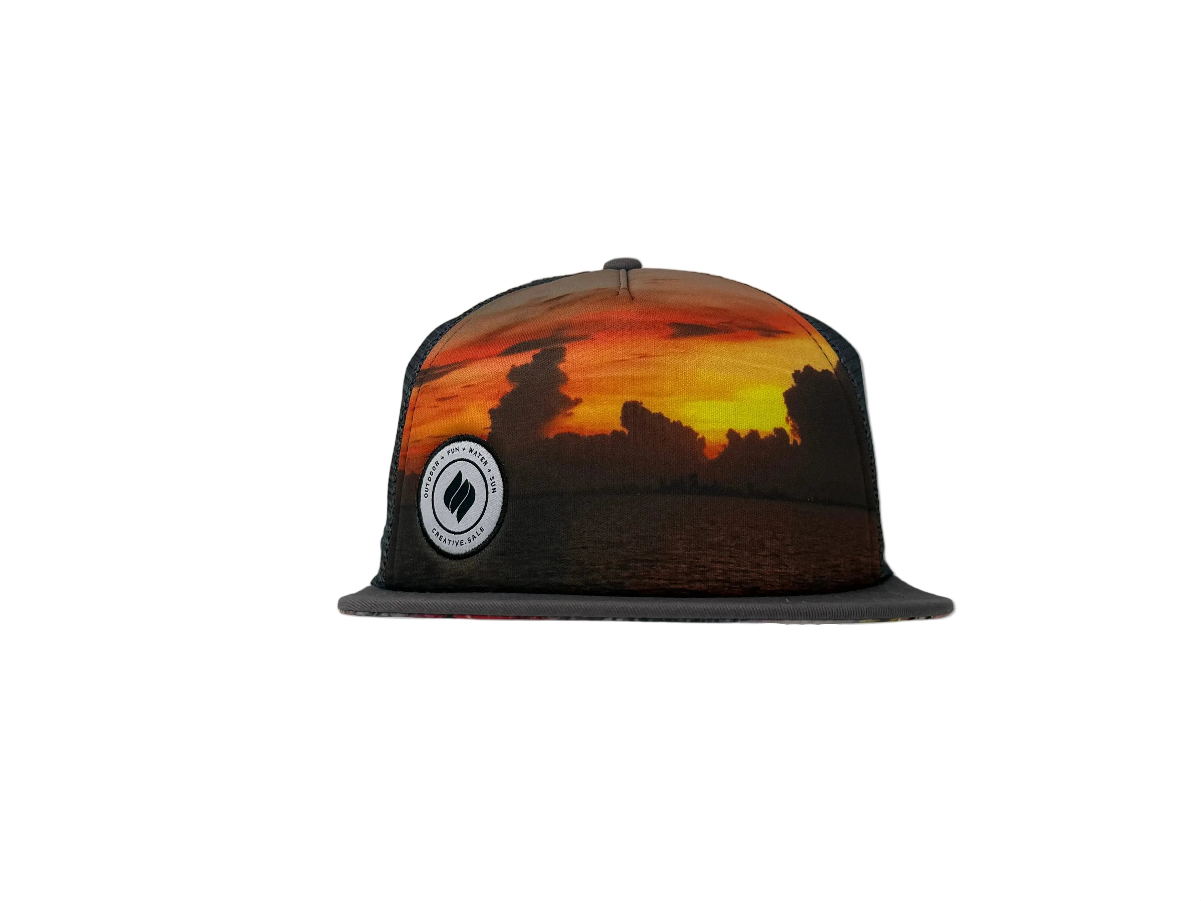 Cap with sunset design and logo on a white background