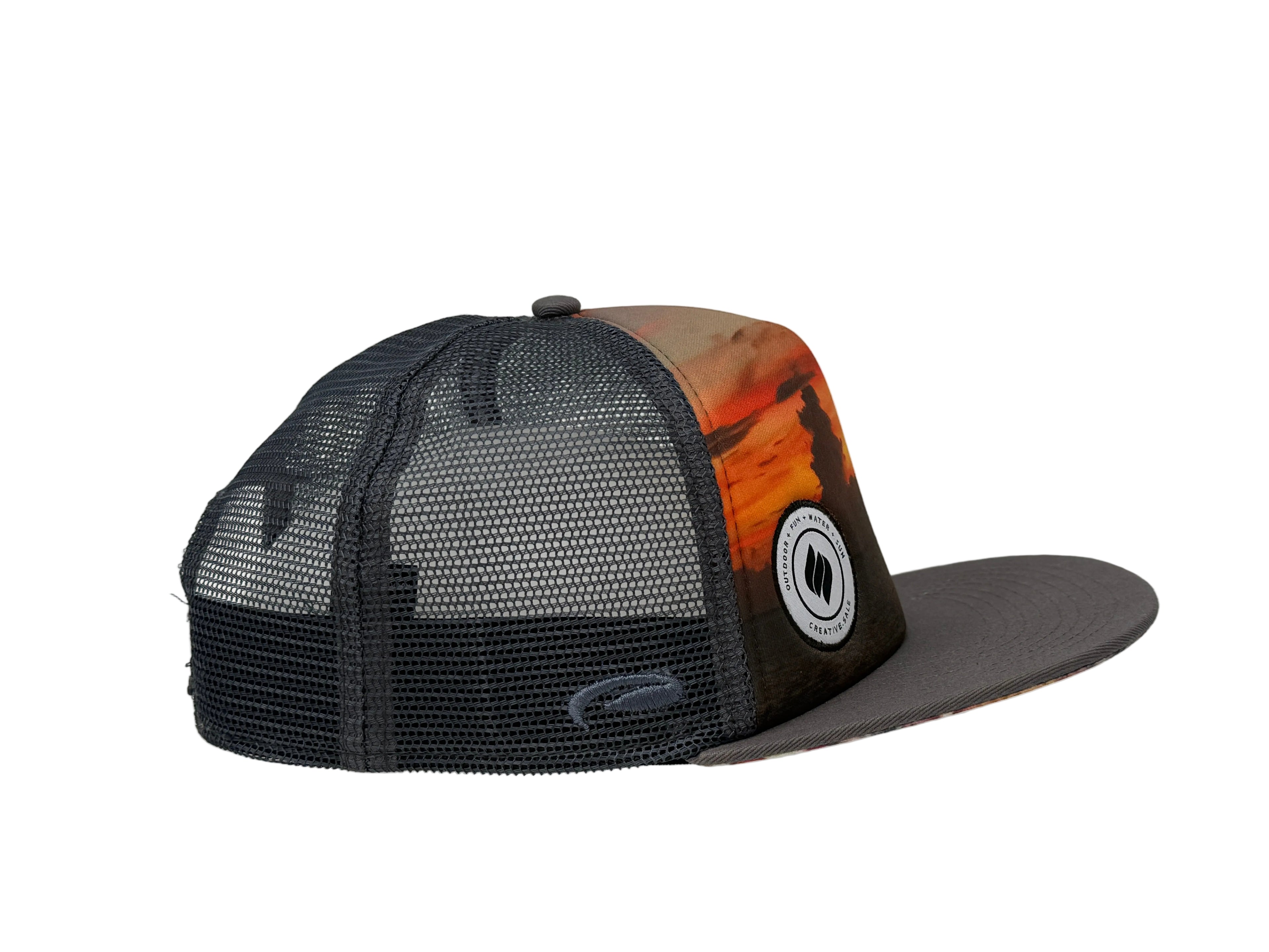 Charcoal mesh cap with a colorful front panel on a white background