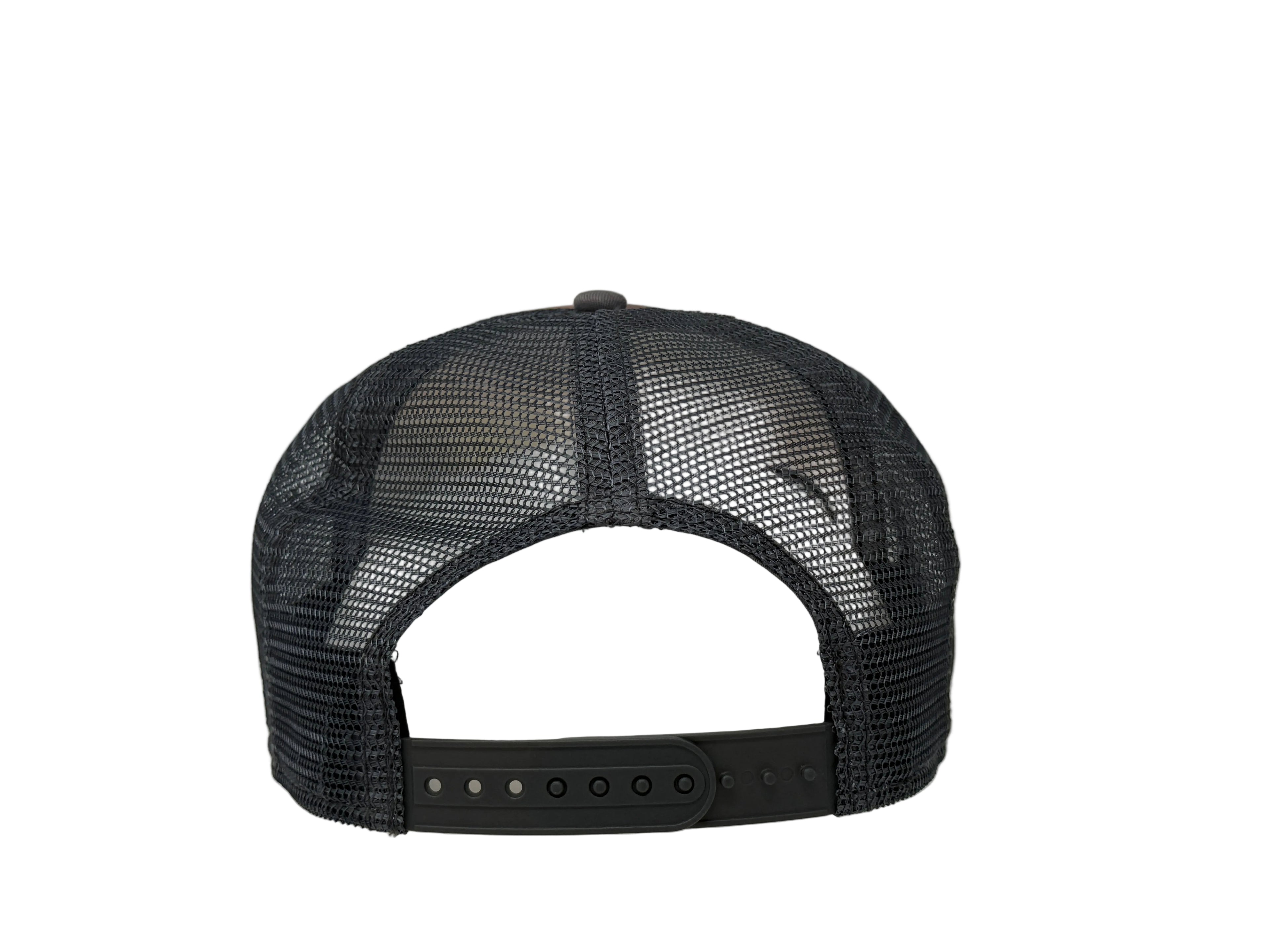 Charcoal mesh cap on a light gray background