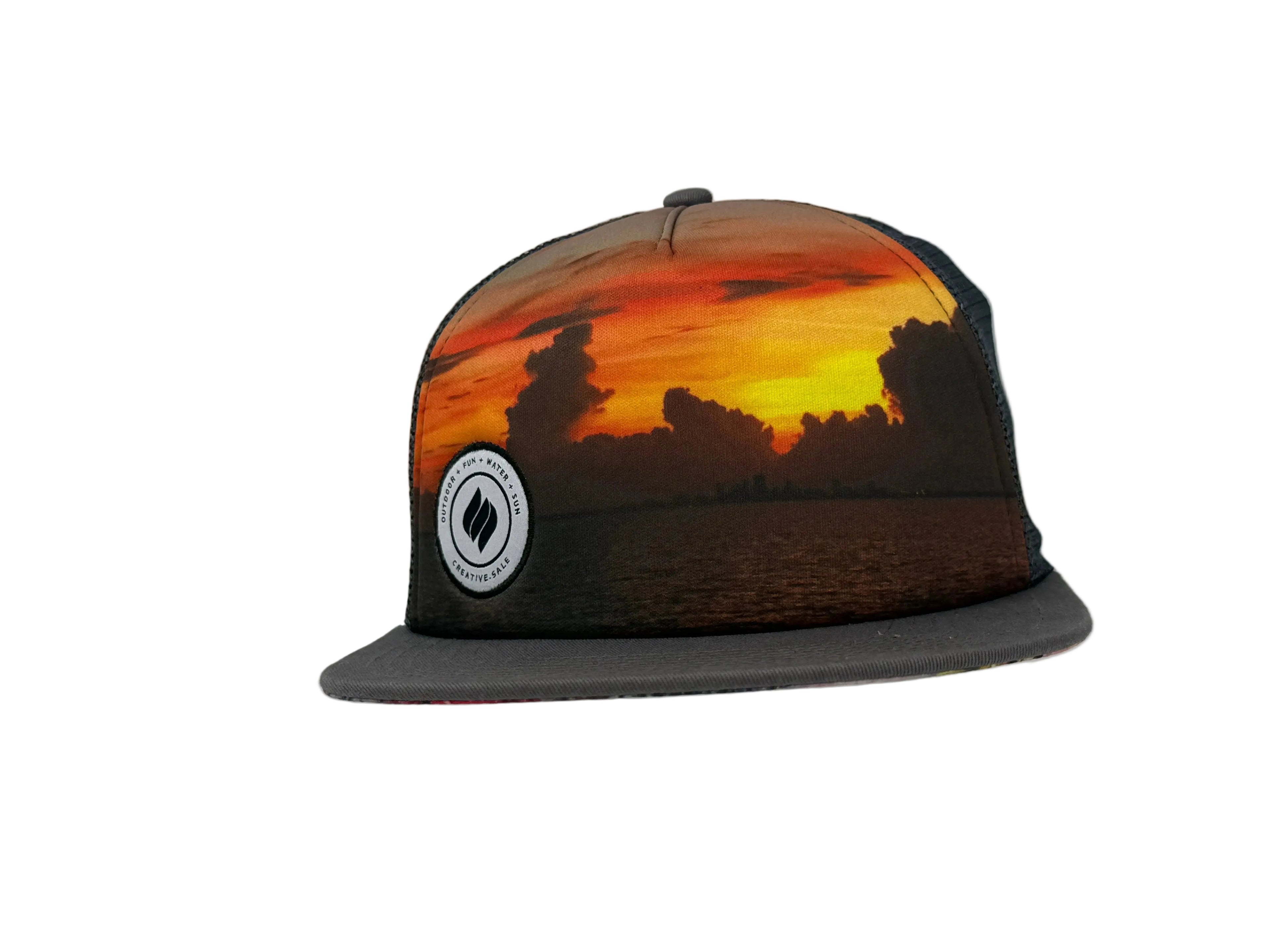 Trucker hat with sunset design and logo on a white background